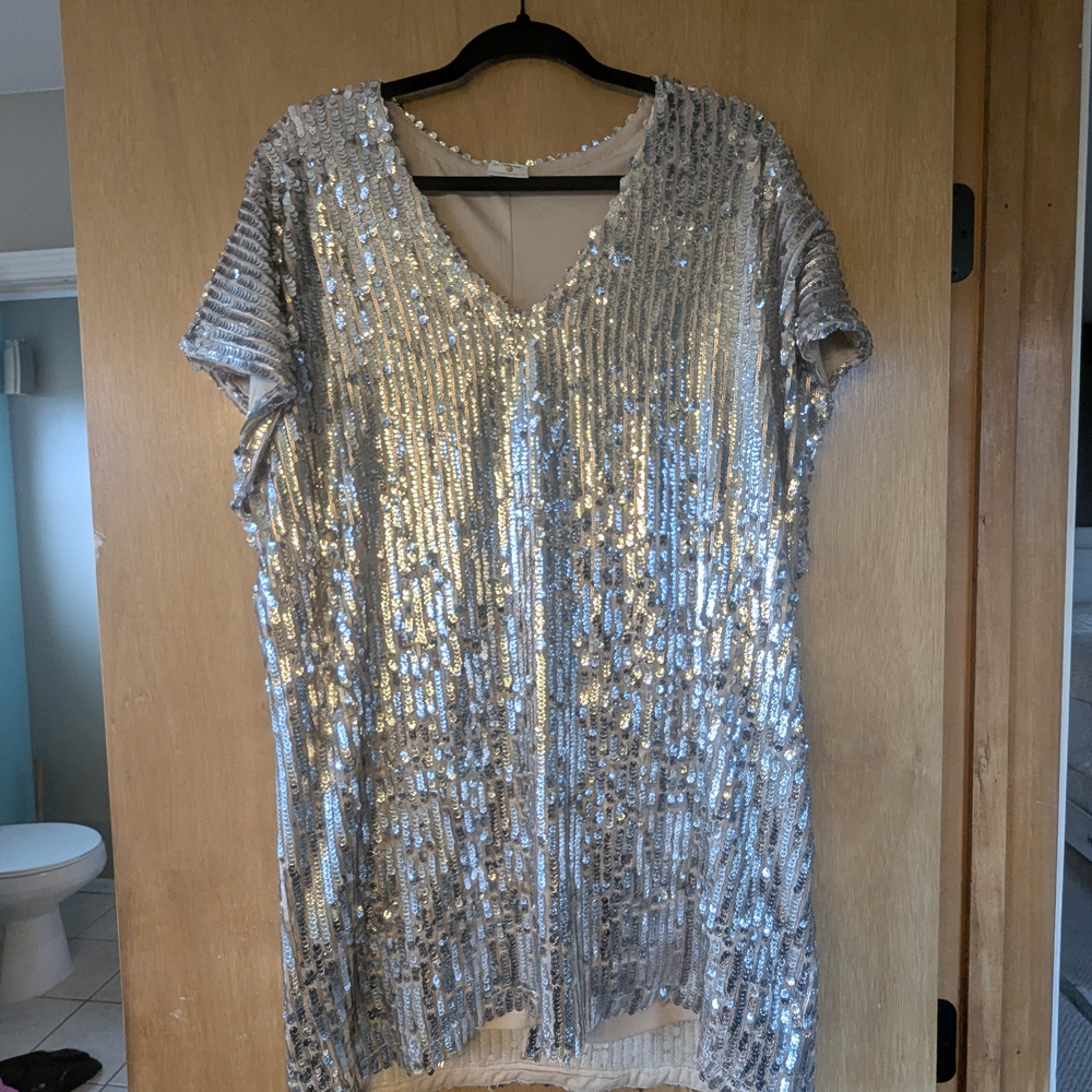 Silver Sequin V-Neck Women's Above The Knee Oversized Dress